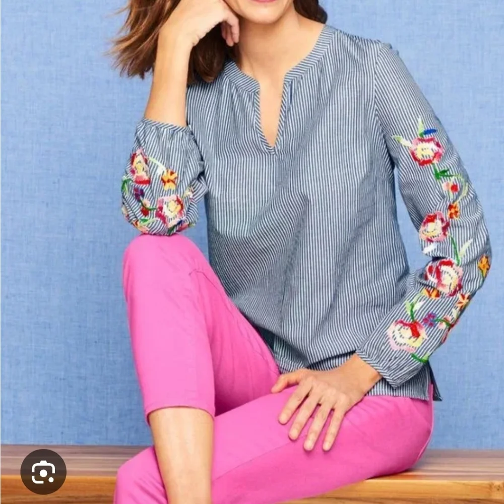 Talbots Blue Striped Blouse with Floral Embroidery - Picture 5 of 5